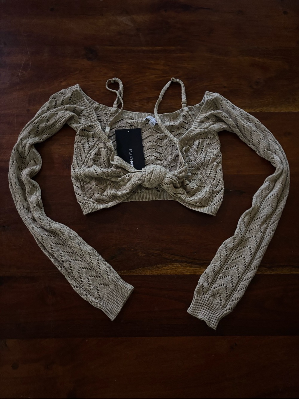 NWT Fashion Nova Off-Shoulder Open-Knit Cropped Tie-Front Sweater Top